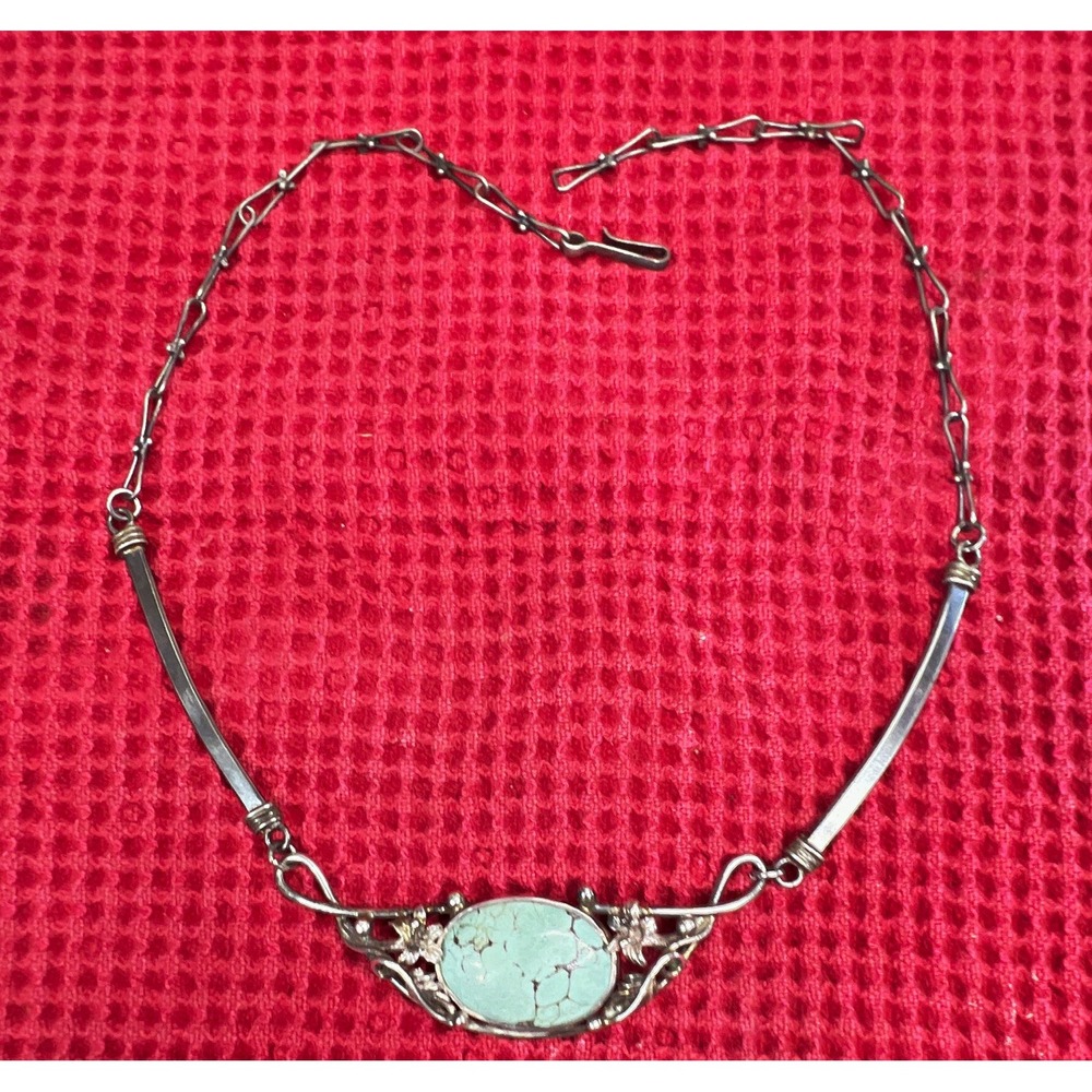 Turquoise Floral Pendant Necklace Tested Silver Pendant Non-Silver Chain 18in